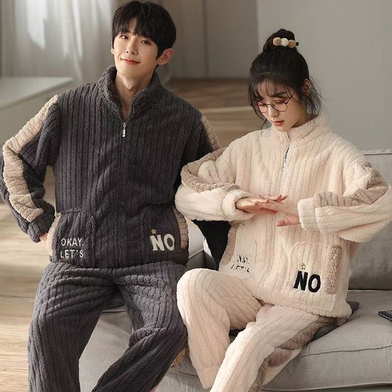 情侣款保暖长袖冬季睡衣家居服套装秋冬宽松时尚毛绒加厚韩版