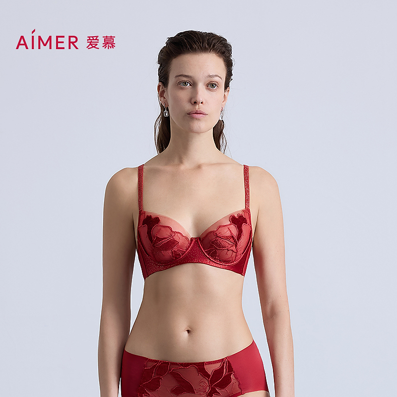 AIMER/爱慕女士内衣菲影3/4薄杯文胸AM13C381蕾丝美背性感聚拢