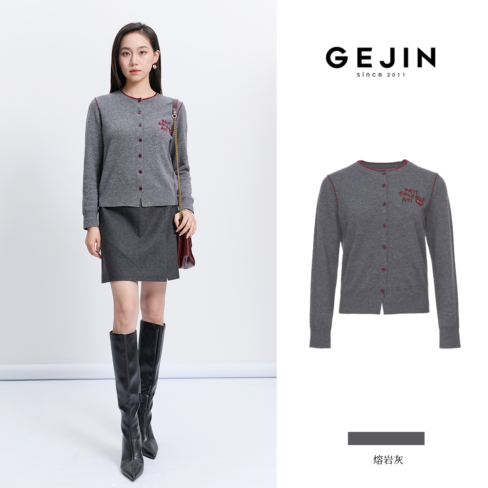GEJIN/歌锦秋冬新款长袖圆领休闲女撞色刺绣设计针织衫9432562499