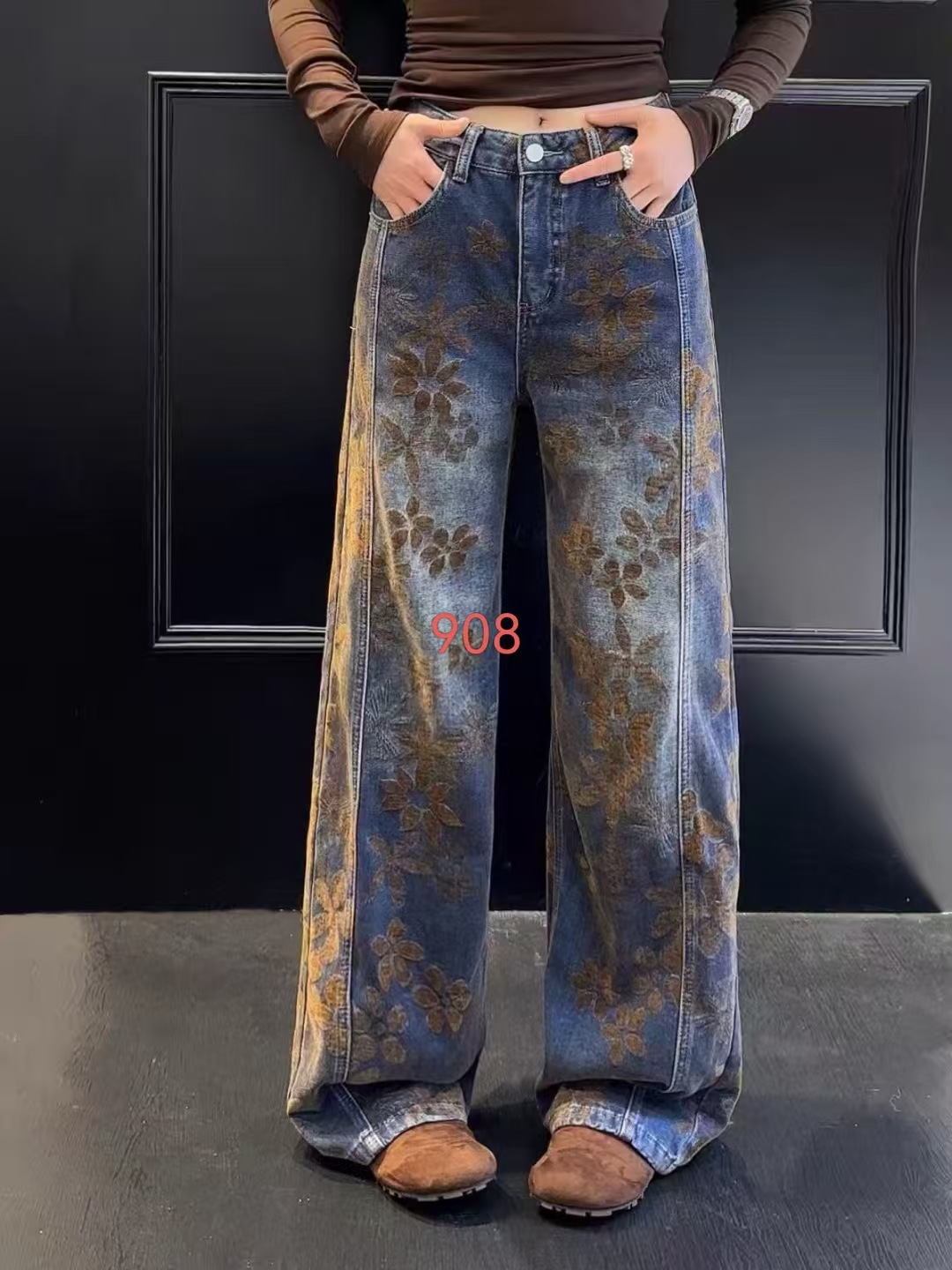 水洗无弹极简风高腰女牛仔裤提花重工渐变印花蓝色