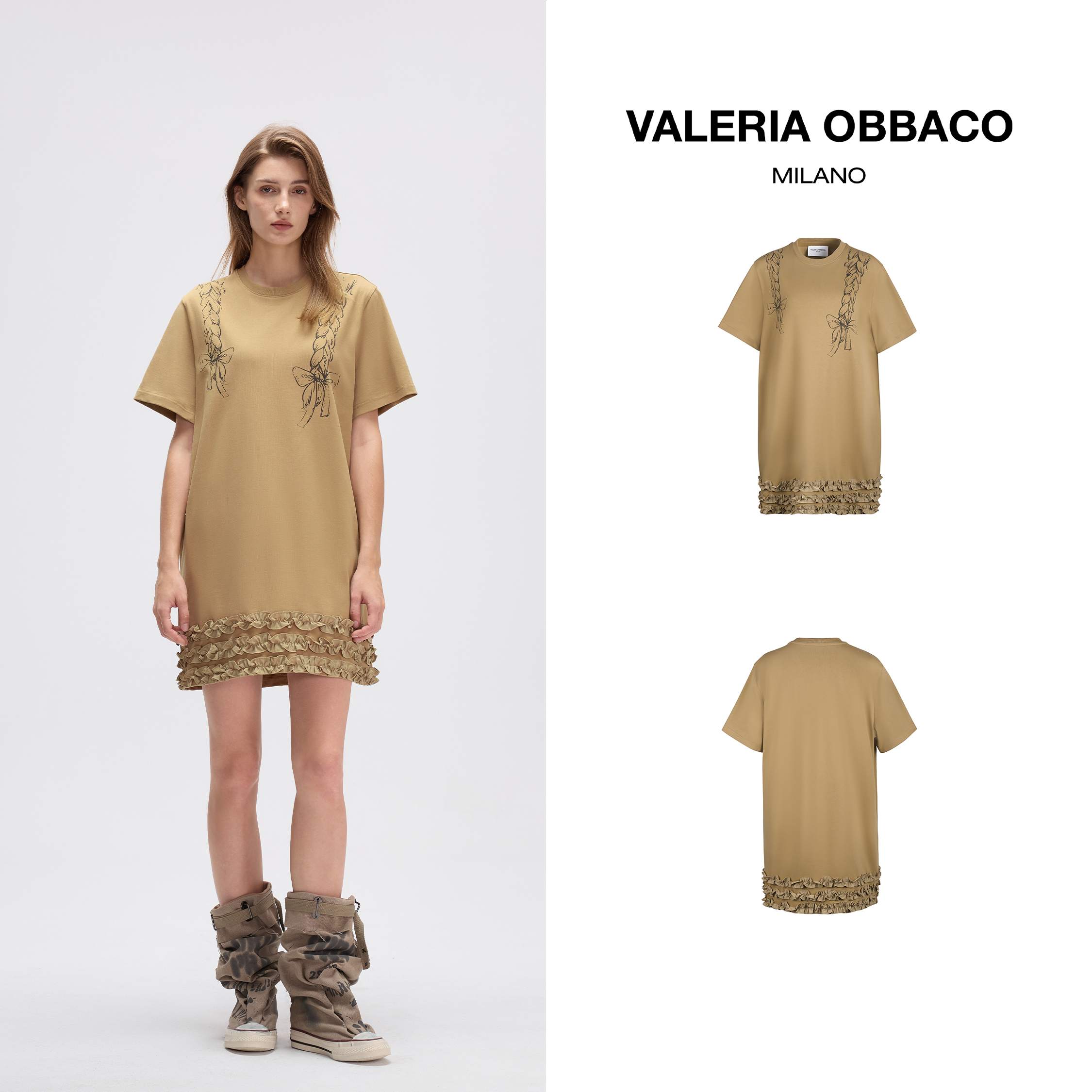 VALERIAOBBACO/瓦莱丽娅 奥贝科卡其色麻花辫花边连衣裙休闲时尚