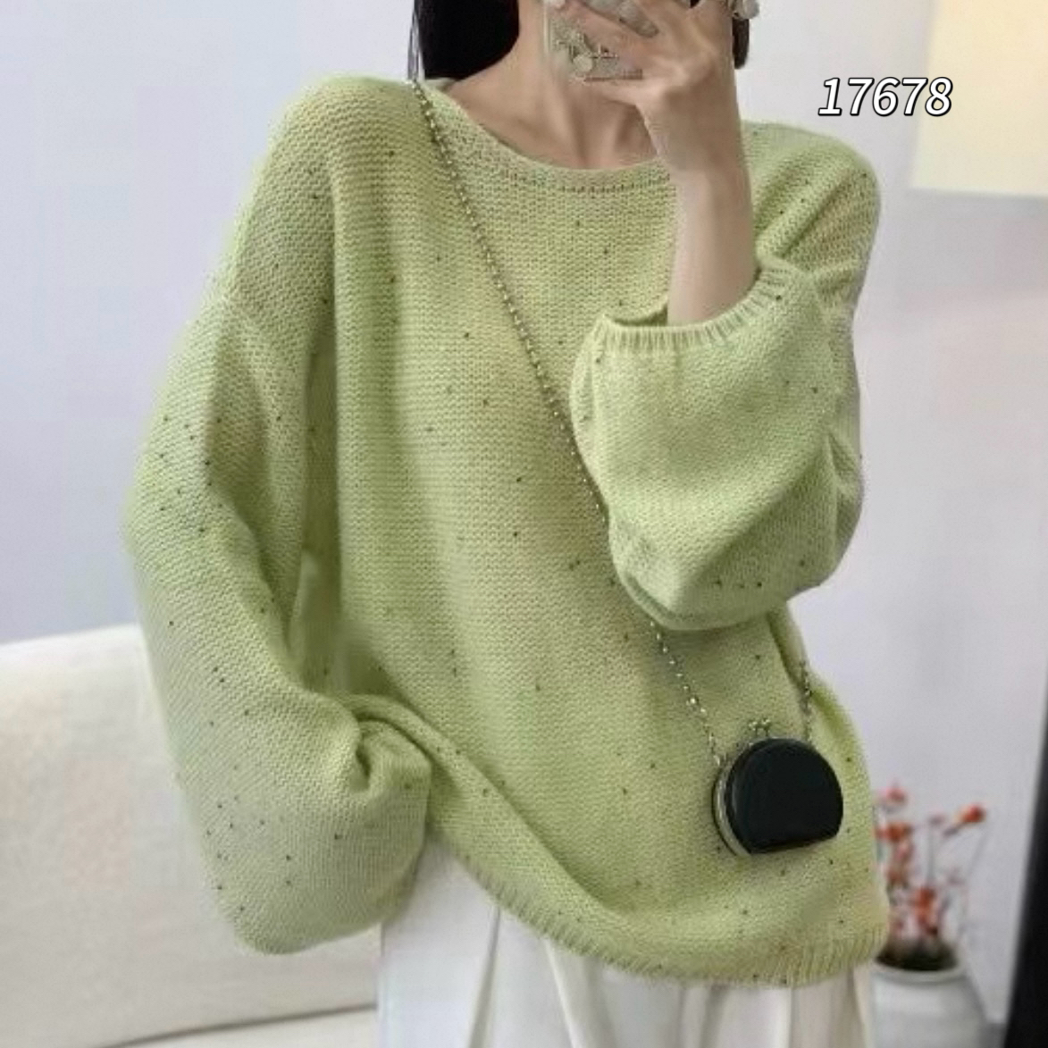 17678 WANGDAN（部无水洗唛介意慎拍)一字领亮钻点子纱长袖针织衫