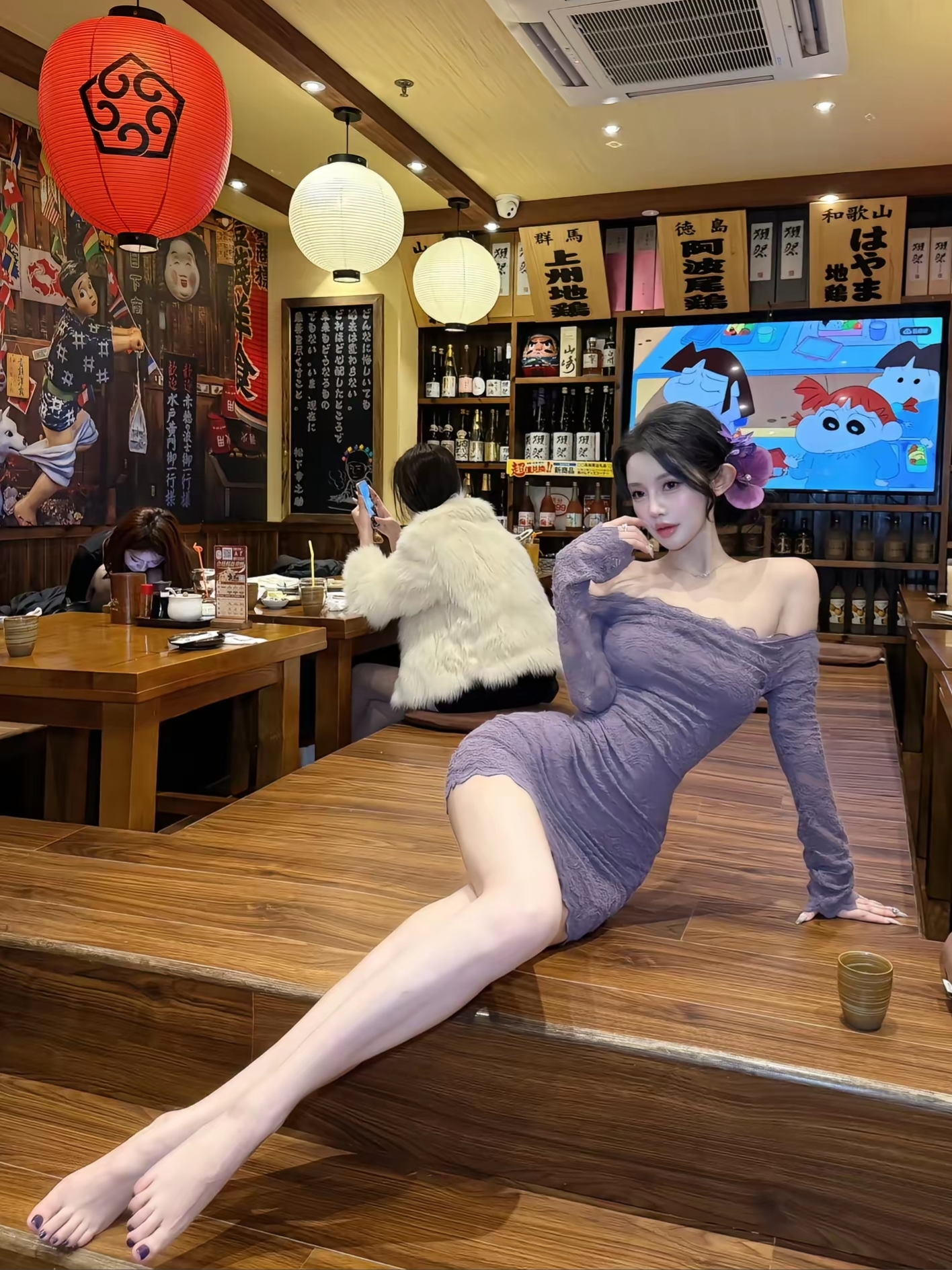 想恋luv-紫色一字肩气长袖质蕾丝性感显瘦辣妹连衣裙