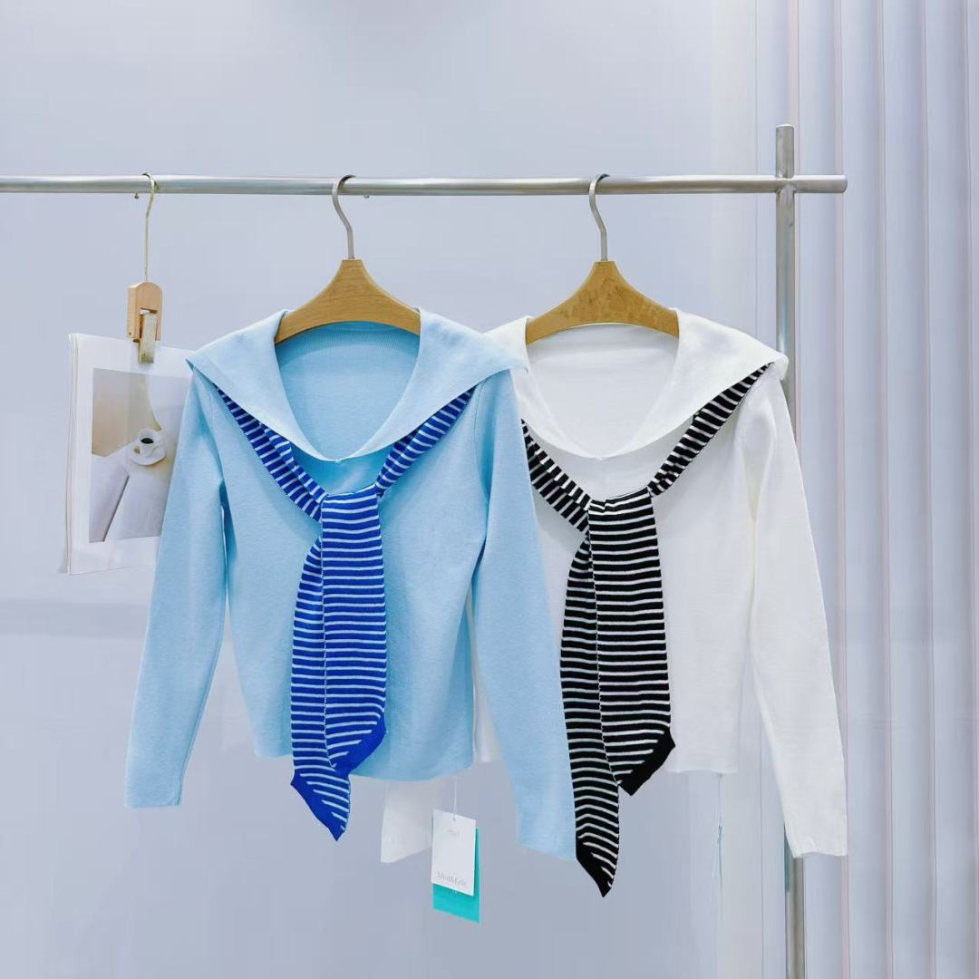 新款长袖常规海军领夏季衬衫毛针织衫针织韩版条纹搭肩{扣号专用}