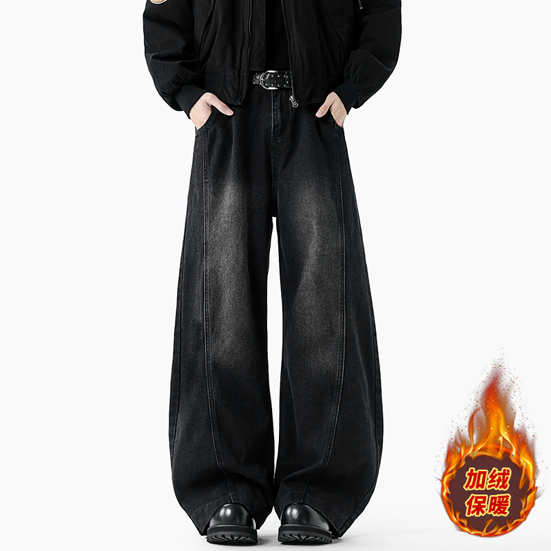 【bdcy】美式复古斜切弯刀牛仔裤秋冬加绒vibe工装裤直筒宽松阔腿裤