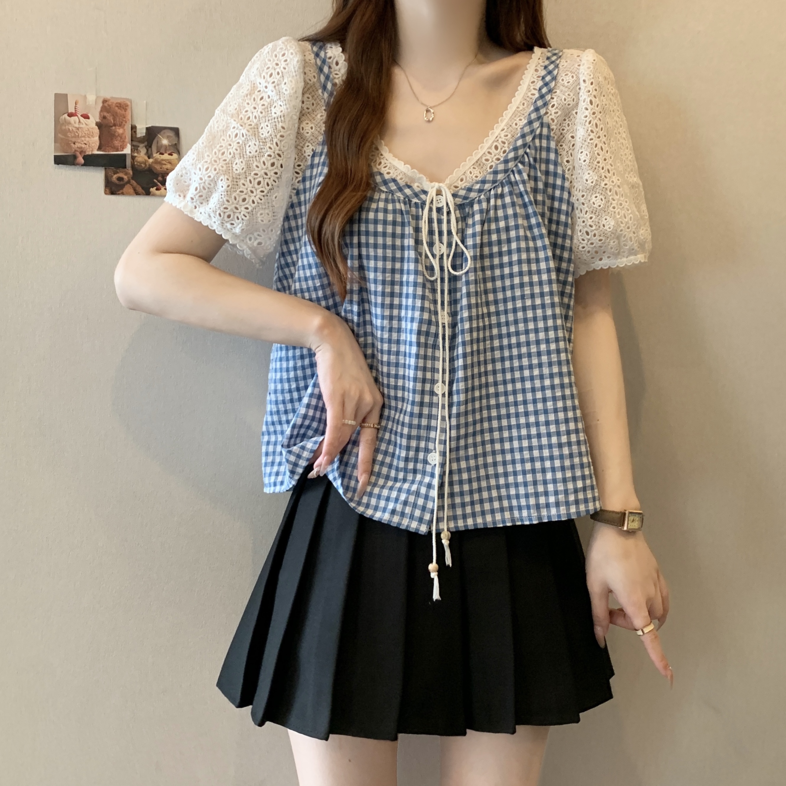 大码2025新款女装甜美假两件蕾丝上衣夏季胖mm显瘦漂亮套装