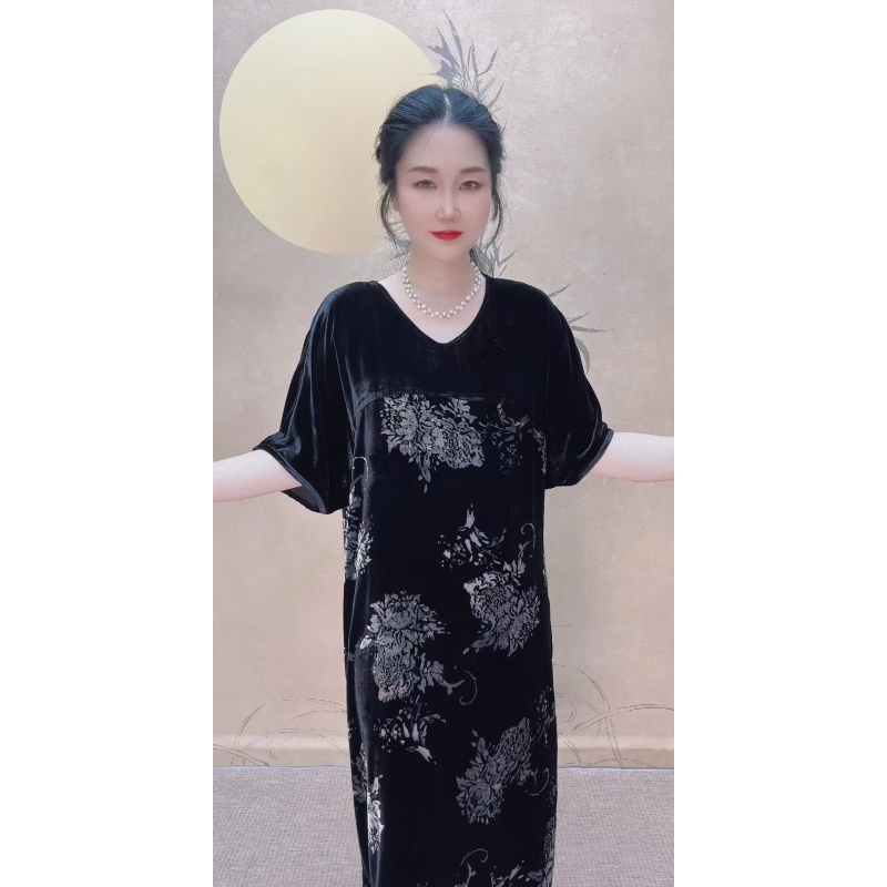中老年桑蚕丝时尚拼接短袖连衣裙大码女装时尚高端高档妈妈装