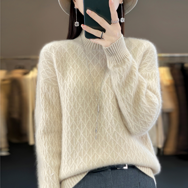 重磅加厚100%纯羊毛衫女半高领羊毛针织衫秋冬时尚绞花宽松毛衣