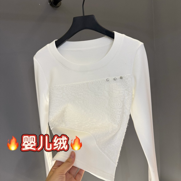白色圆领修身t恤女秋冬季新款蕾丝拼接打底衫长袖内搭上衣8099#