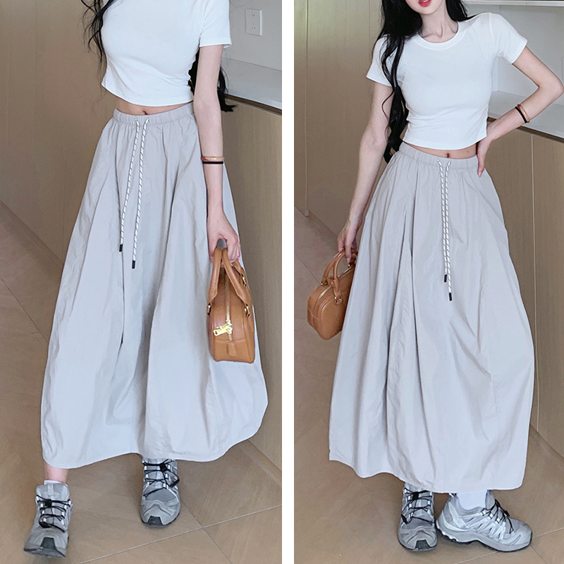 夏季小个子韩系简约南瓜裙女2025新款长裙高腰工装半身韩系花苞裙