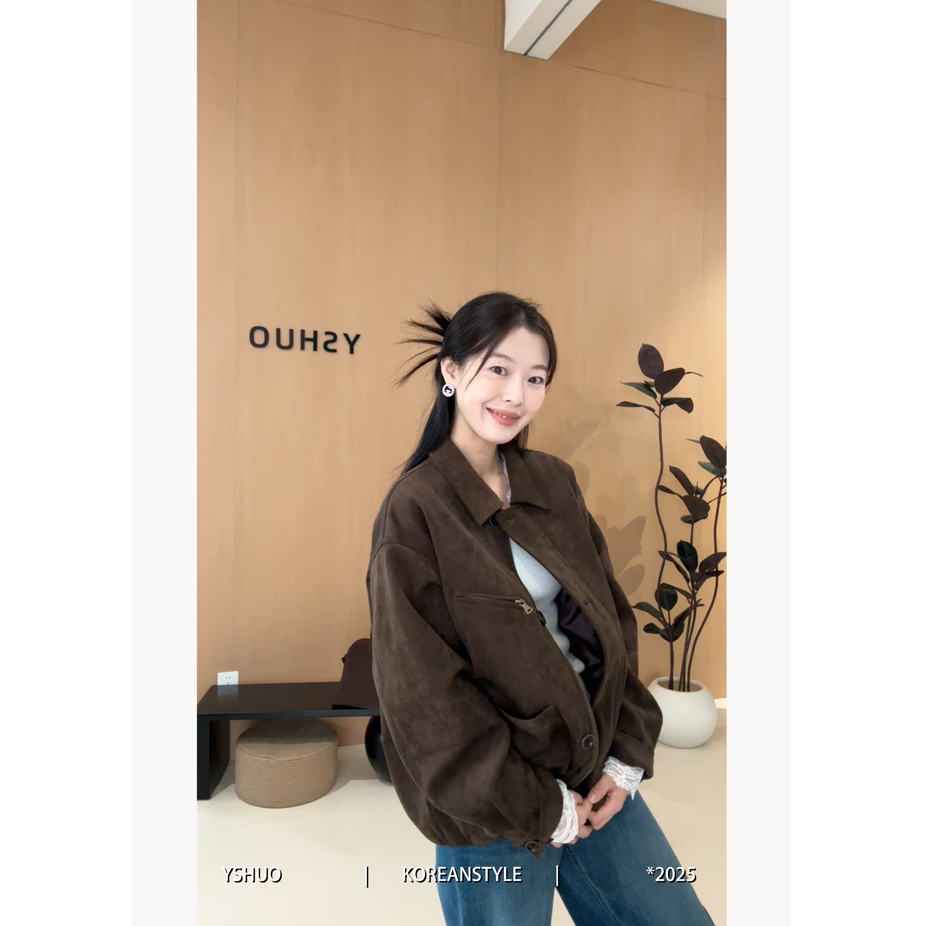 【秀场夹克】工装翻领绒皮夹克美式复古小廓形短款外套 9617