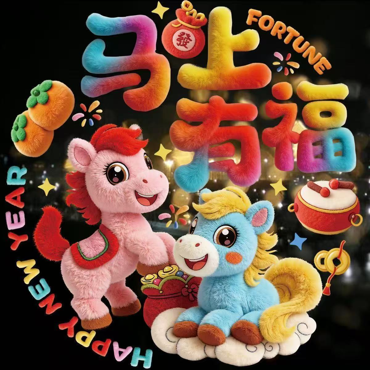 5D圆形2026爆款加厚马年元旦防毛绒整张静电贴春节过年玻璃门窗贴