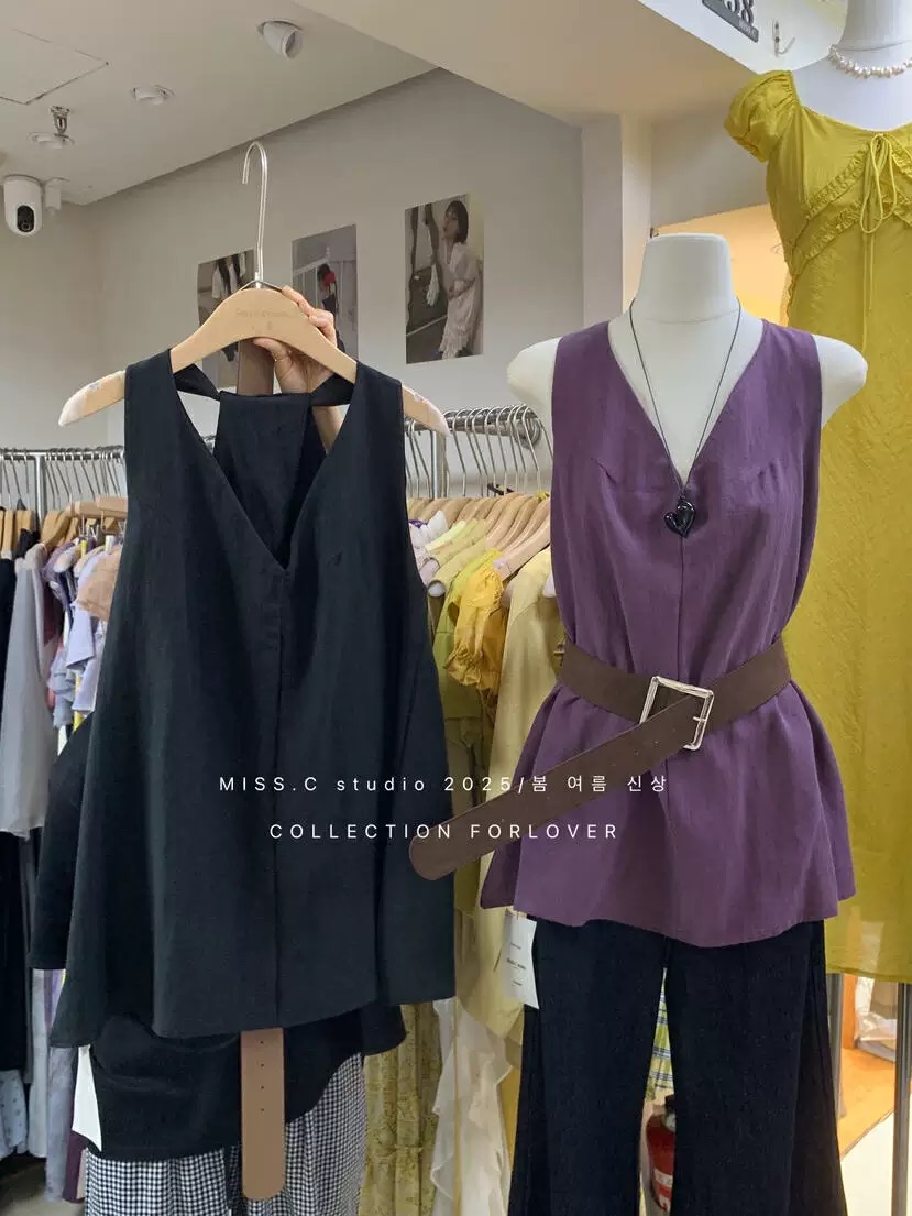 百搭时尚休闲无袖设计感夏季气质显瘦腰带上衣