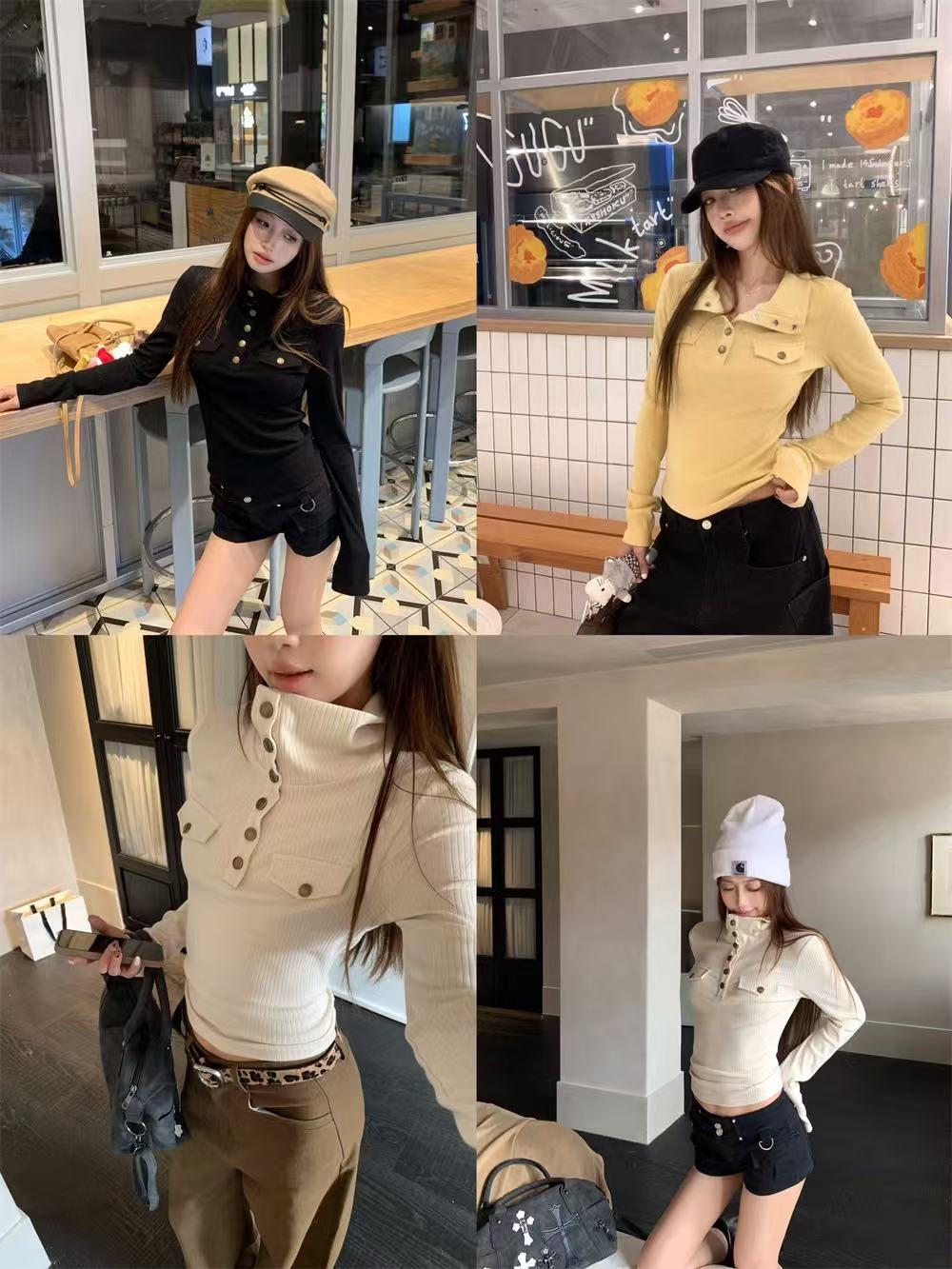 【运补4-6】立体假口袋打底衫女秋冬季设计感独特修身正肩长袖上衣