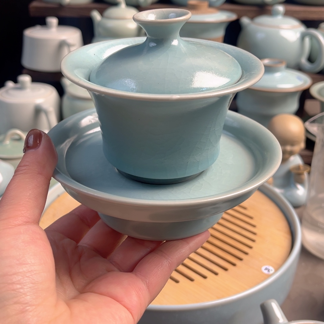 摆件陶瓷仿古釉三才马蹄盖碗原矿