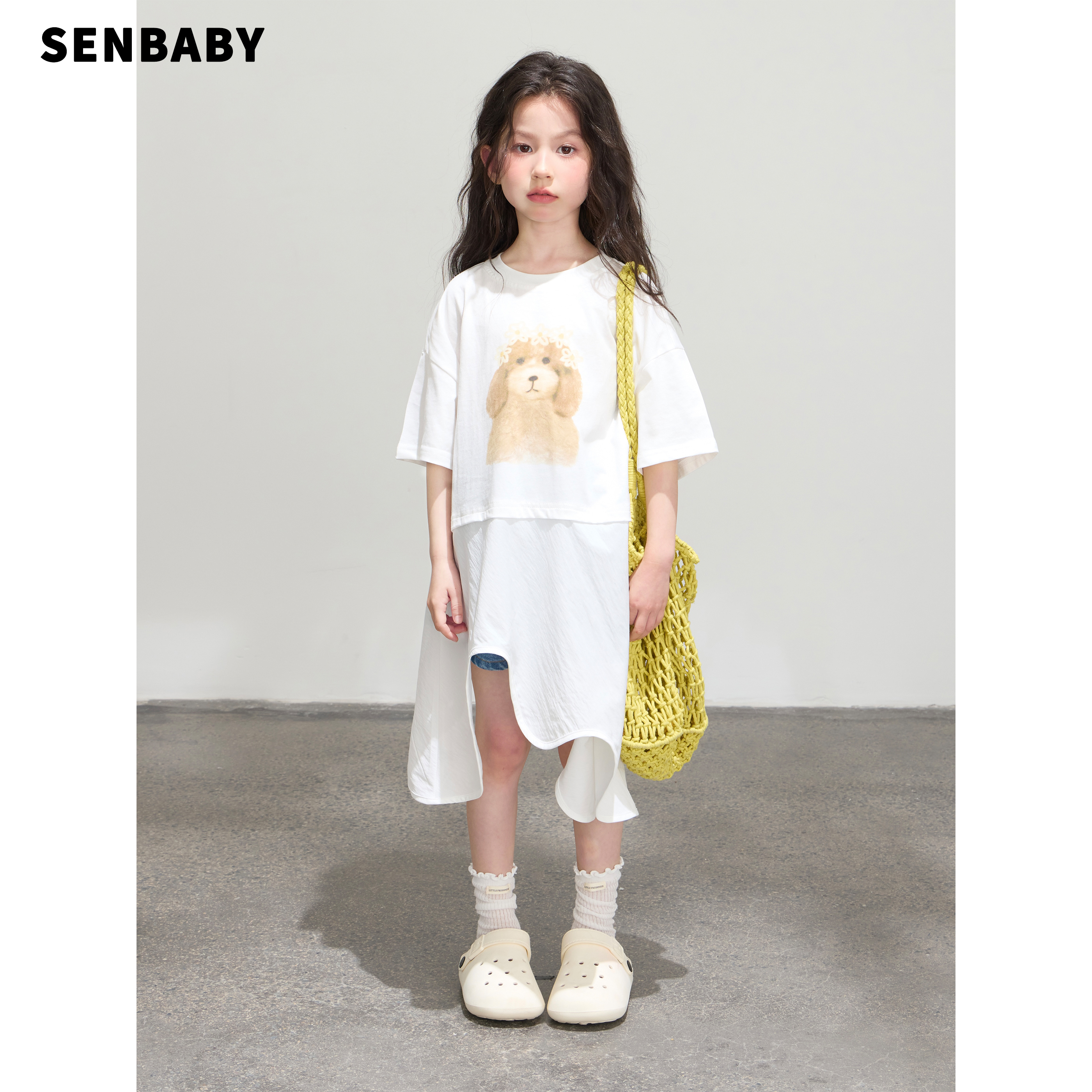 【现货】童装女童短袖连衣裙小熊印花新款裙子不规则拼接T恤裙