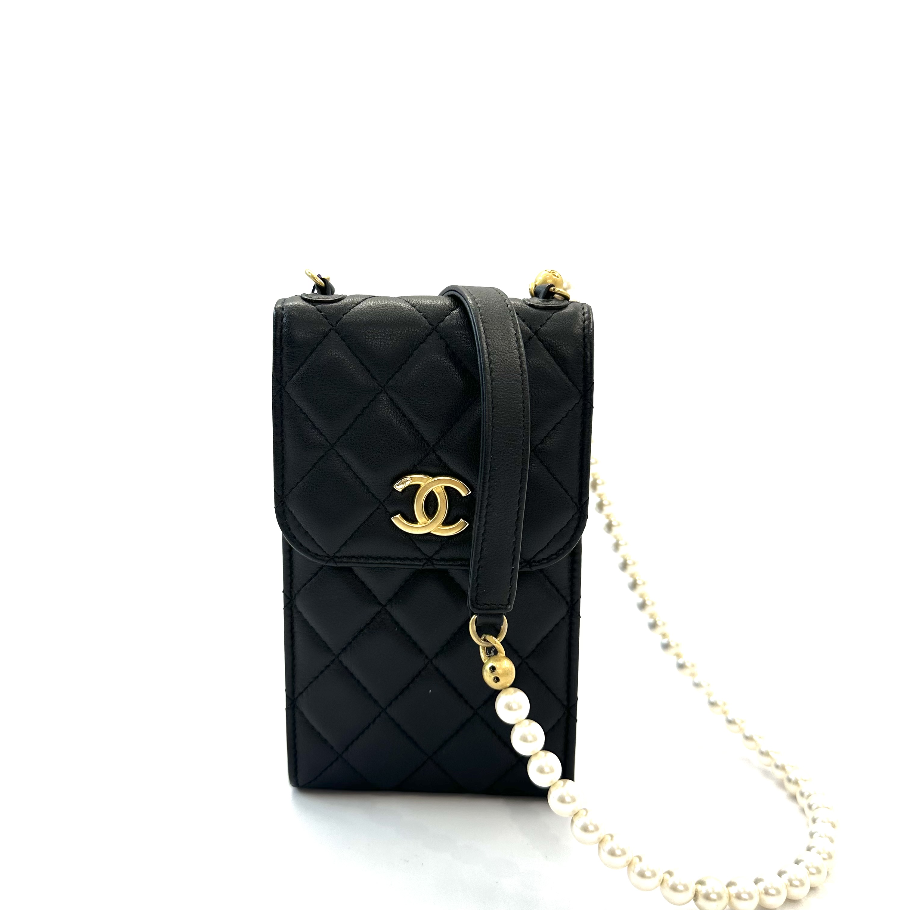 95新 Chanel/香奈儿 98新 21S 珍珠链条手机包/黑色牛皮金扣