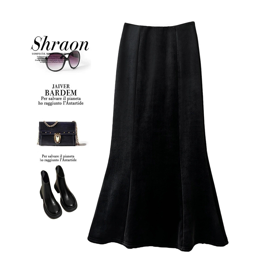 金丝绒加绒加厚半身裙女2024秋冬新款高腰显瘦包臀裙百搭鱼尾裙子