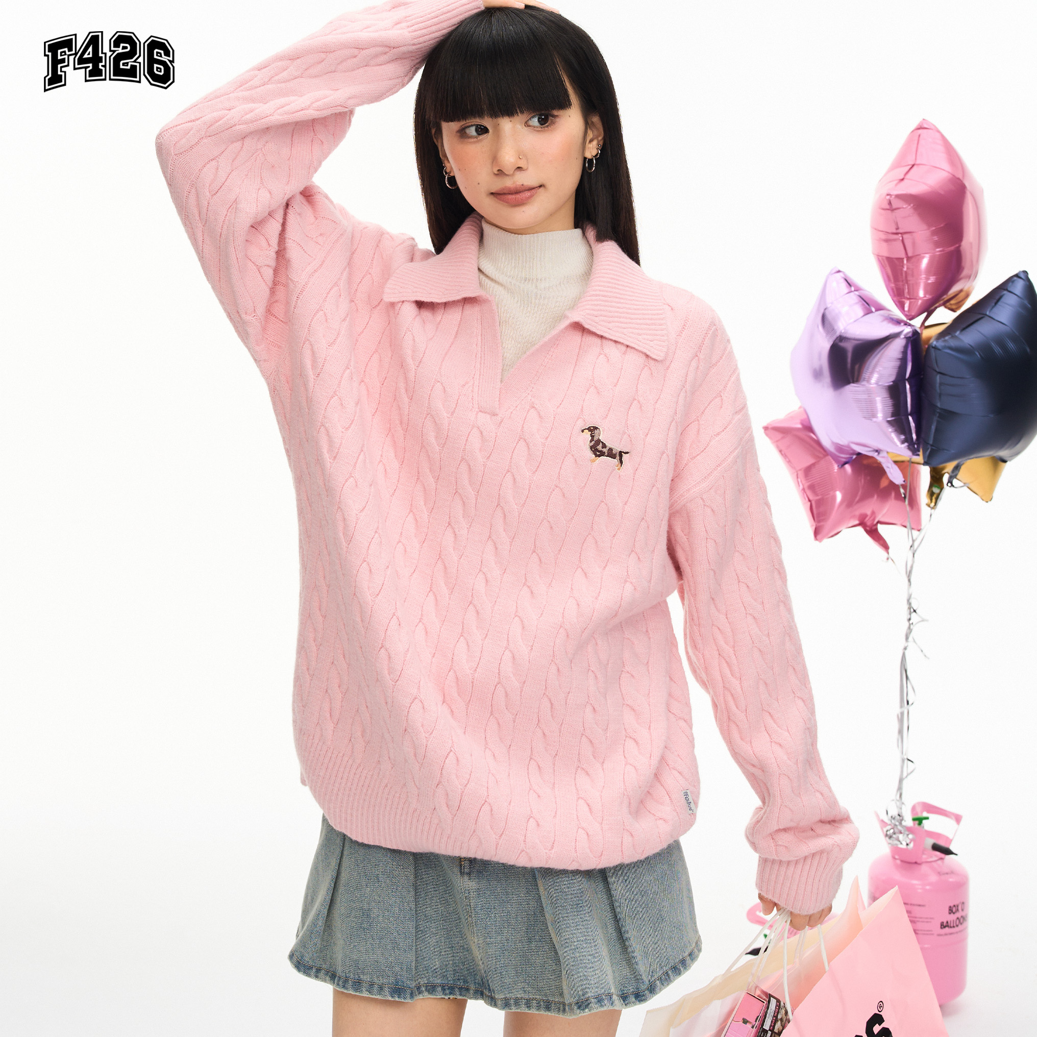 F426国潮牌休闲秋冬新款腊肠狗V领麻花毛衣套头情侣打底套衫7183