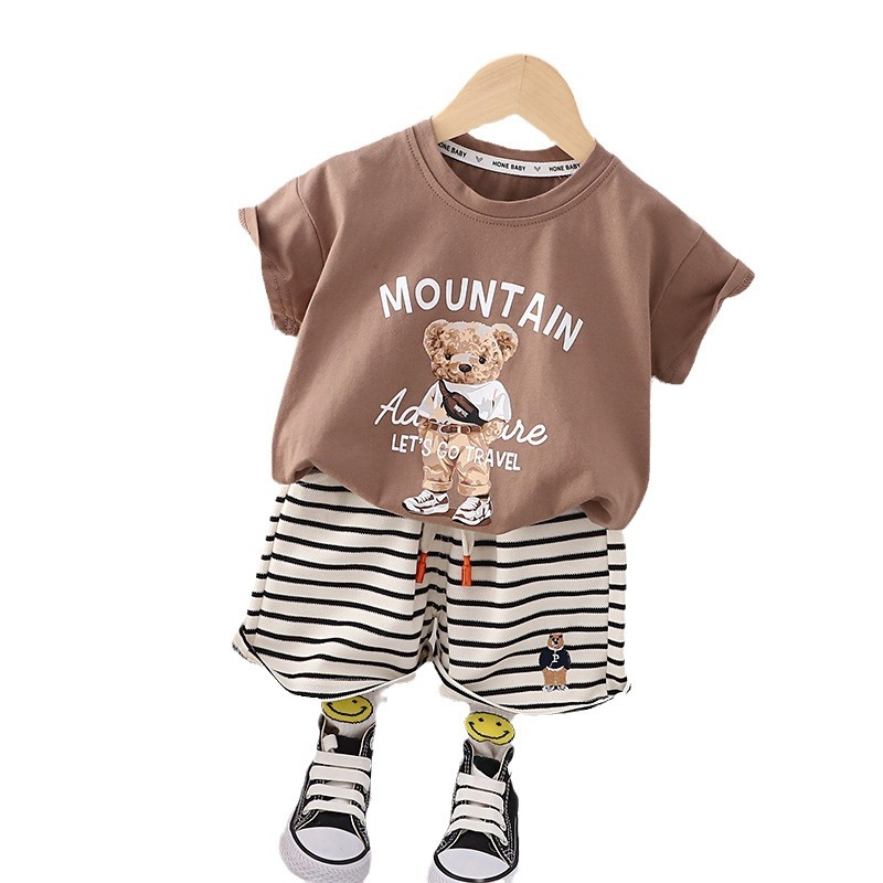 2024新款儿童夏季透气条纹短袖短裤套装男女童挎包小熊薄款套