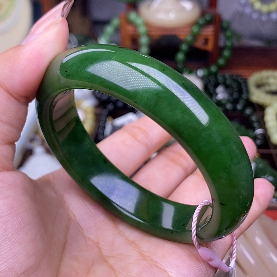 和田玉清货价老矿料碧玉宽版手镯57.8未镶嵌