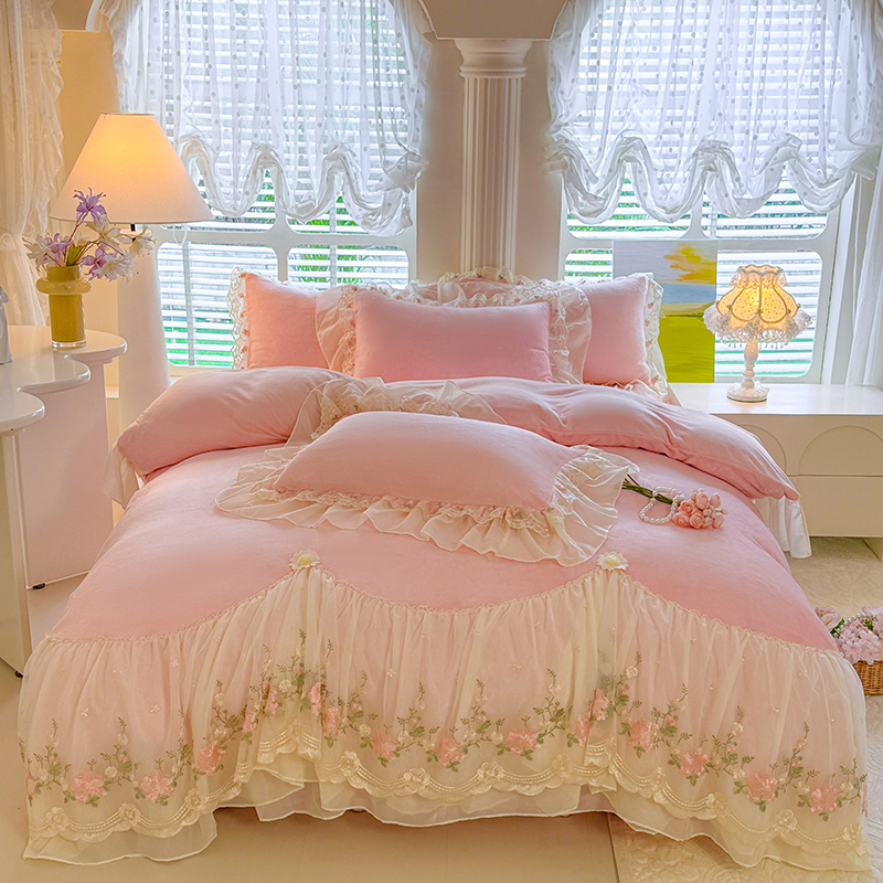 秋冬法式加厚牛奶绒床盖四件套加绒保暖蕾丝花边被套床单床笠套件