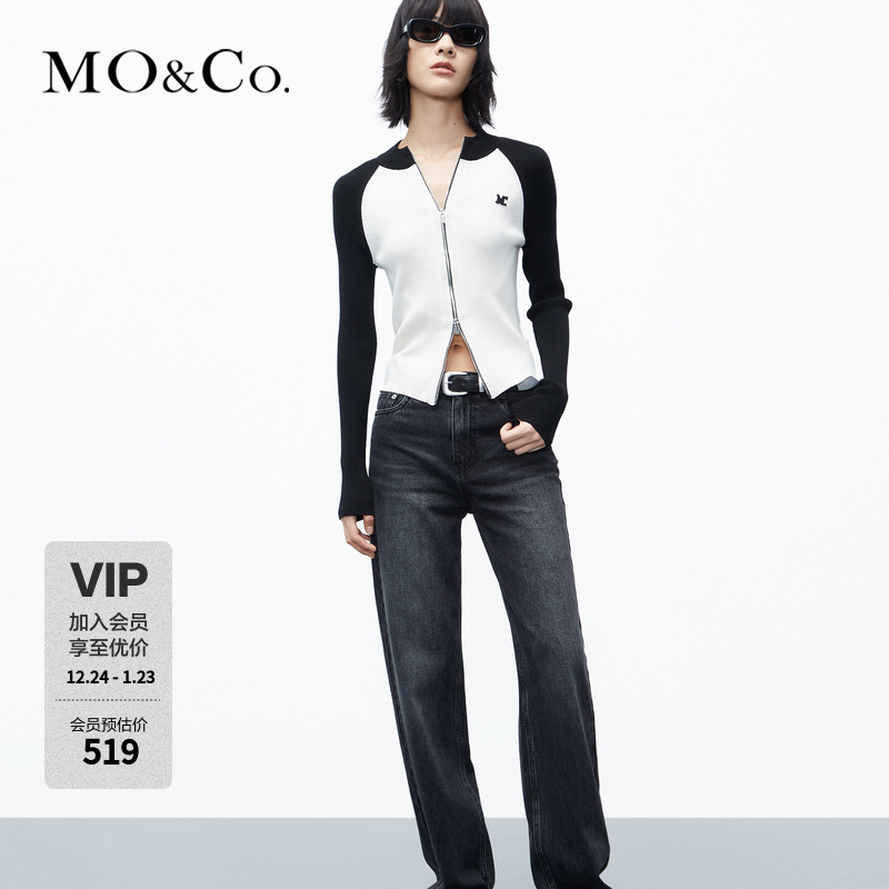 MOCO秋机车风插肩袖双拉链刺绣短款针织衫开衫MBC3CARK01