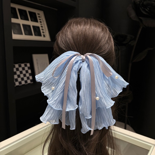 E4412 韩国海盐蓝网纱丝带蝴蝶结马尾抓夹珍珠点缀高颅顶清新发夹