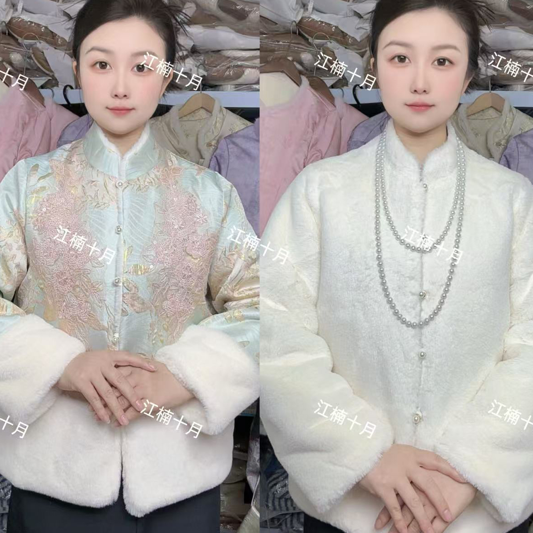 栀子花系列加绒加厚双面穿新中式中国风百搭手工亮片串珠长袖棉衣