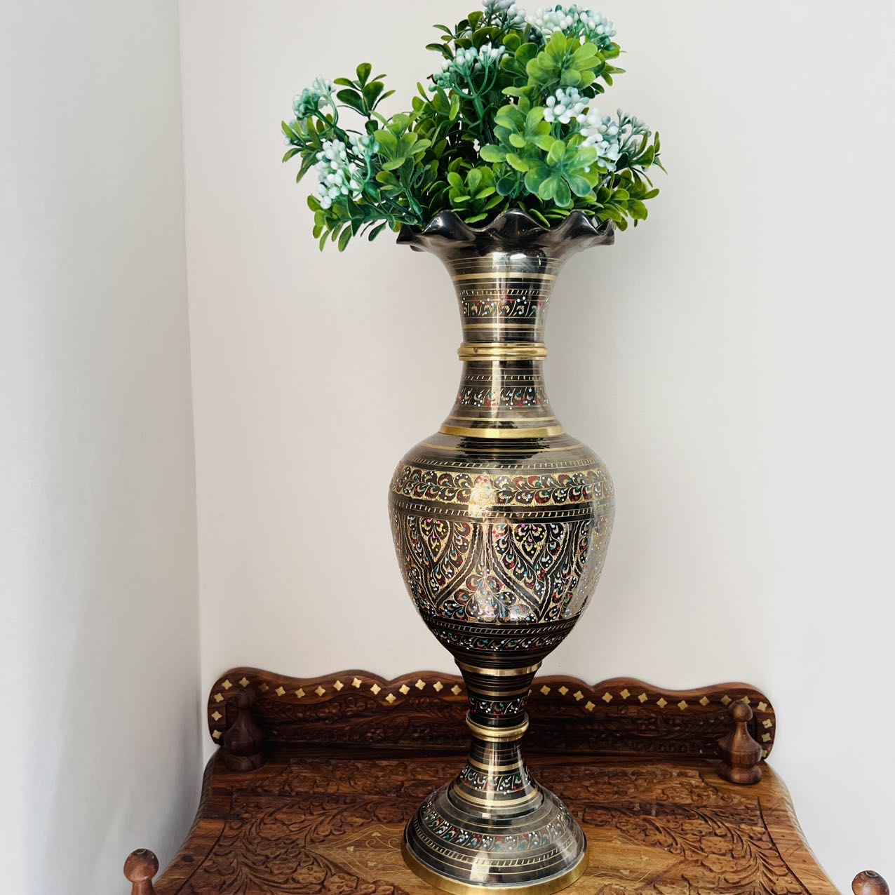 【微瑕疵】手工珐琅彩花纹精美40厘米纯黄铜花形口花瓶keshmiri花瓶