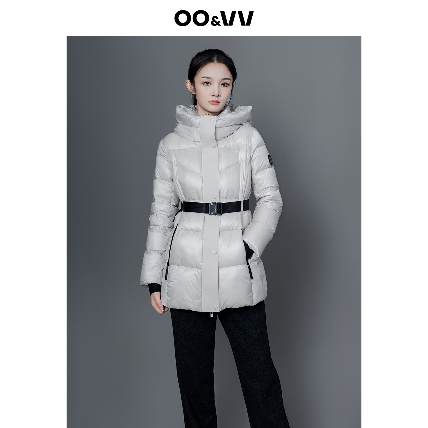 OO&VV收腰加厚立领连帽羽绒服女25冬简约通勤保暖长款外套90鸭绒
