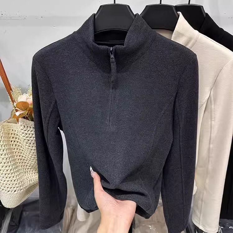 加绒德绒打底衫女内搭可外穿半拉链外套保暖磨毛长袖t恤秋冬上衣