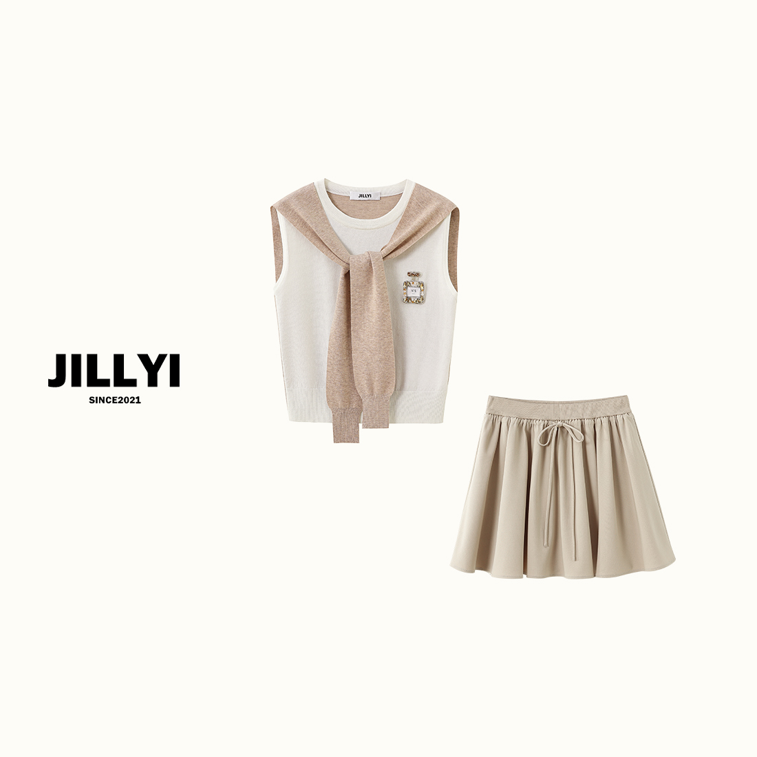 jillyi【奶油摩卡】+【卡其舞会】白色圆领韩系上衣+卡其色半身裙套装