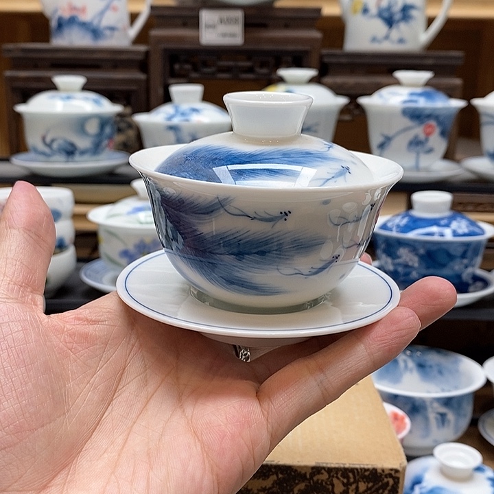 手绘孔雀翎盖碗120cc釉下彩微瑕福利款