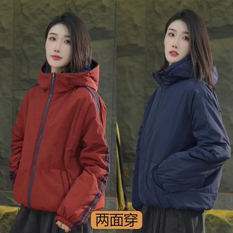 2025秋冬女款双面穿棉服连帽洋气版型宽松保暖防风休闲棉衣外套