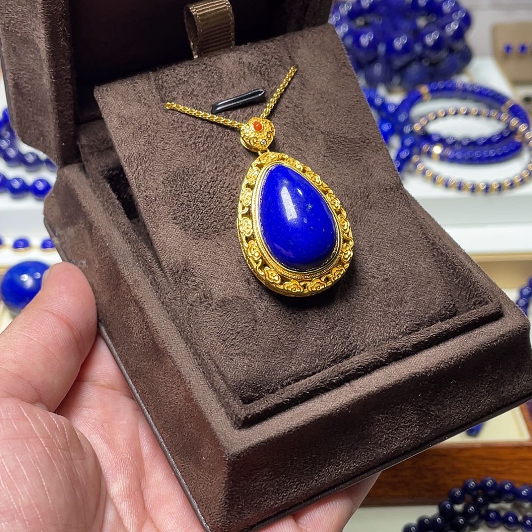 不***道青金石银S925镀金镶嵌豪镶水滴吊坠（含链子）