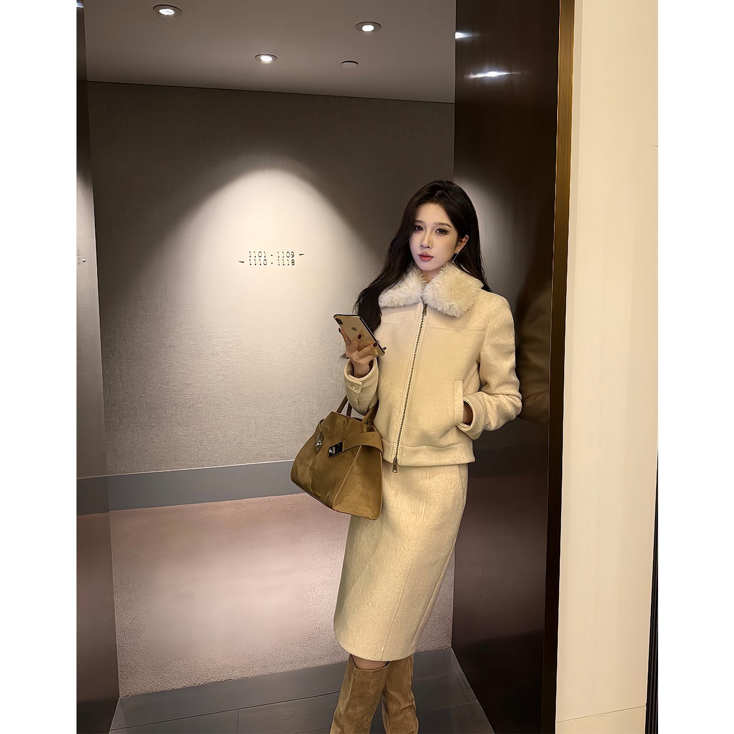 by onion 【山黛暮雪】短款夹棉毛领外套两件套