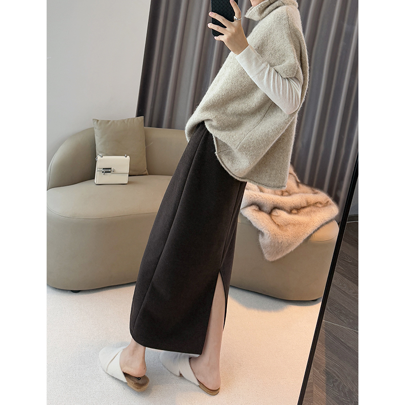 醋酯绵羊毛半身裙女秋冬高腰显瘦a字包臀裙中长款开叉一步裙咖色