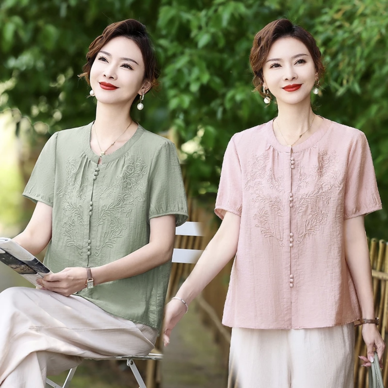 妈妈夏装衬衣短袖小衫中老年女款新中式立体洋气宽松上衣刺绣T恤