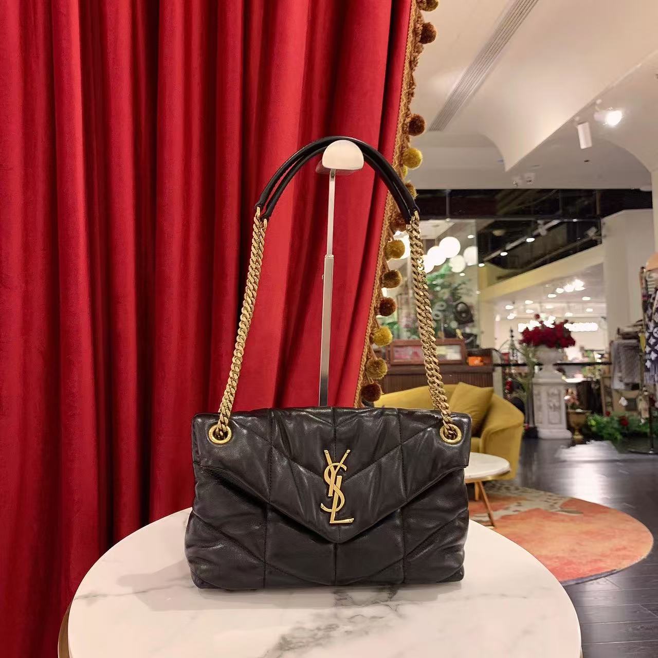 95新 YSL/圣罗兰 GGSpuffer云朵小号黑金羊皮单肩包91966664