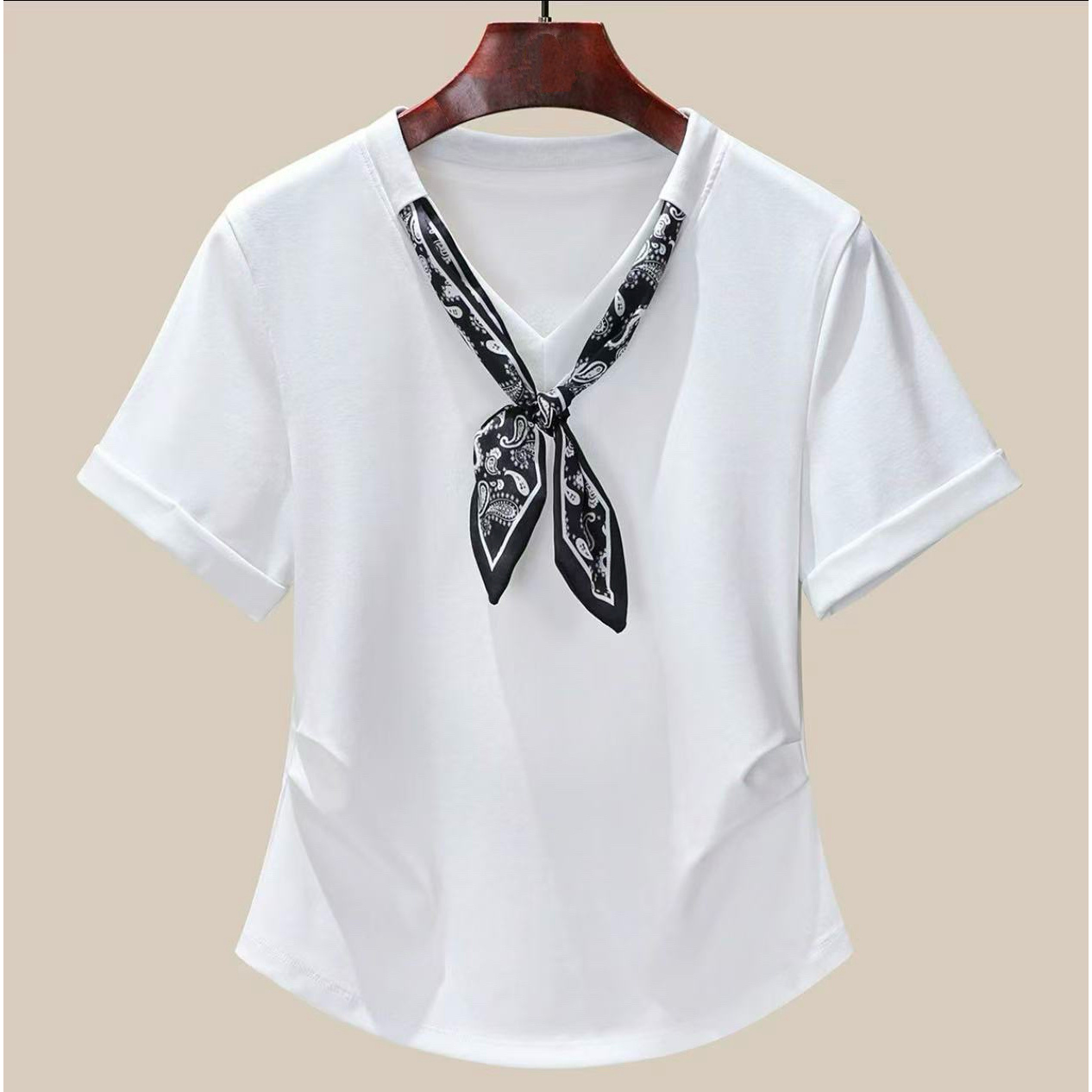 时尚气质v领丝巾设计感修身显瘦洋气上衣Q25BT2259