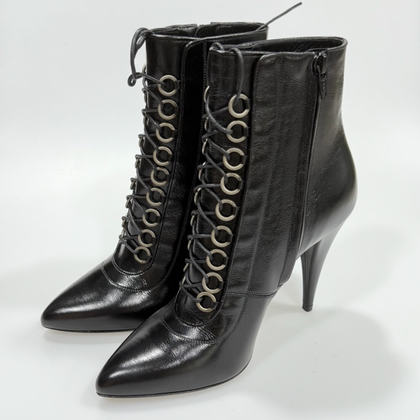 99新 YSL/圣罗兰 38.5码圣罗兰尖头系带高跟短靴99新