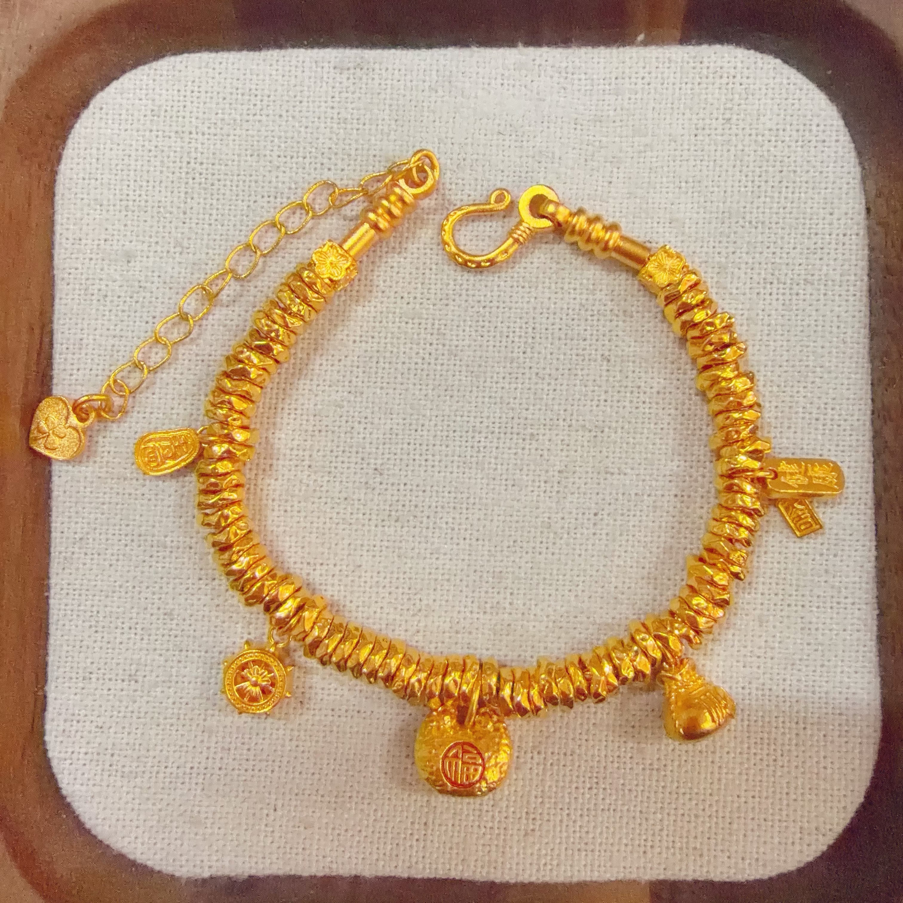 【足金锤纹胖福钱袋盘缠手串】卡5mm（配合金链）