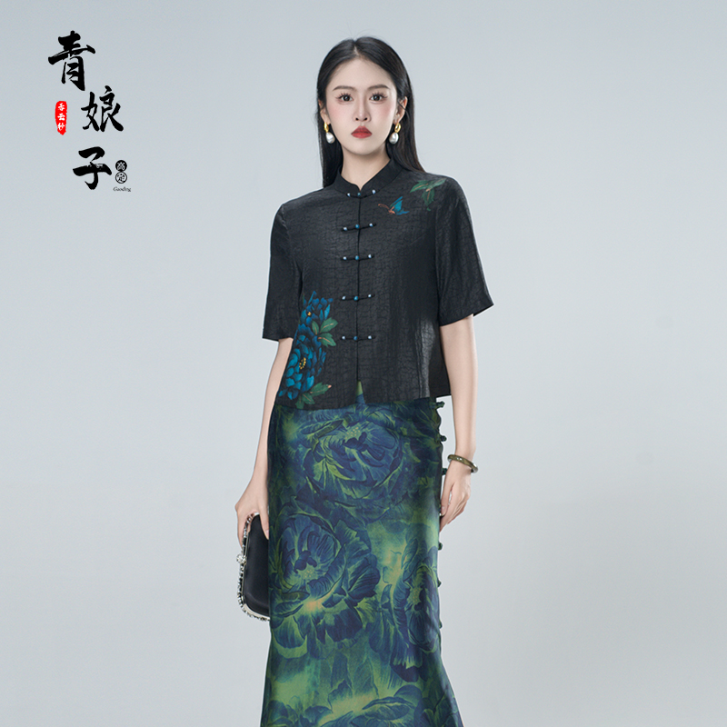 青娘子香云纱(含香)龟裂纹立领手绘印花宽松复古中国风短外套-862