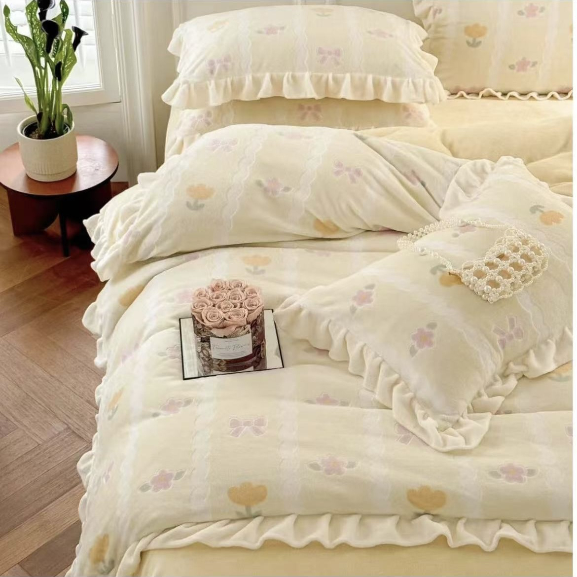 秋冬季公主风雕花牛奶绒床上四件套珊瑚绒床品双面绒被套～轩 1201