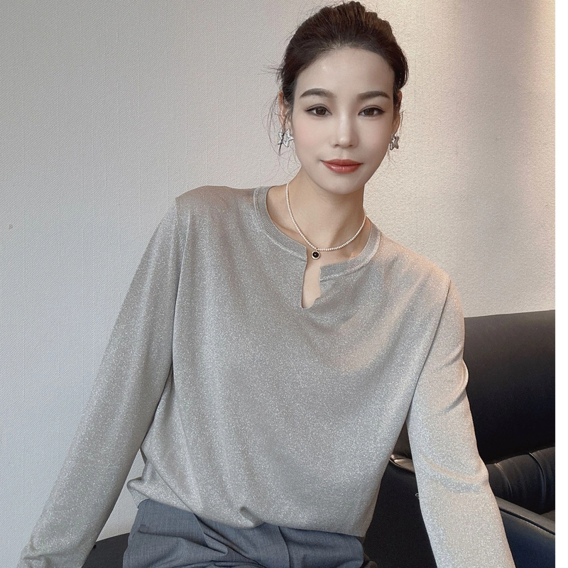 AMASS/阿玛施纯色V领长袖T恤女春季慵懒风宽松中长款打底衫538029