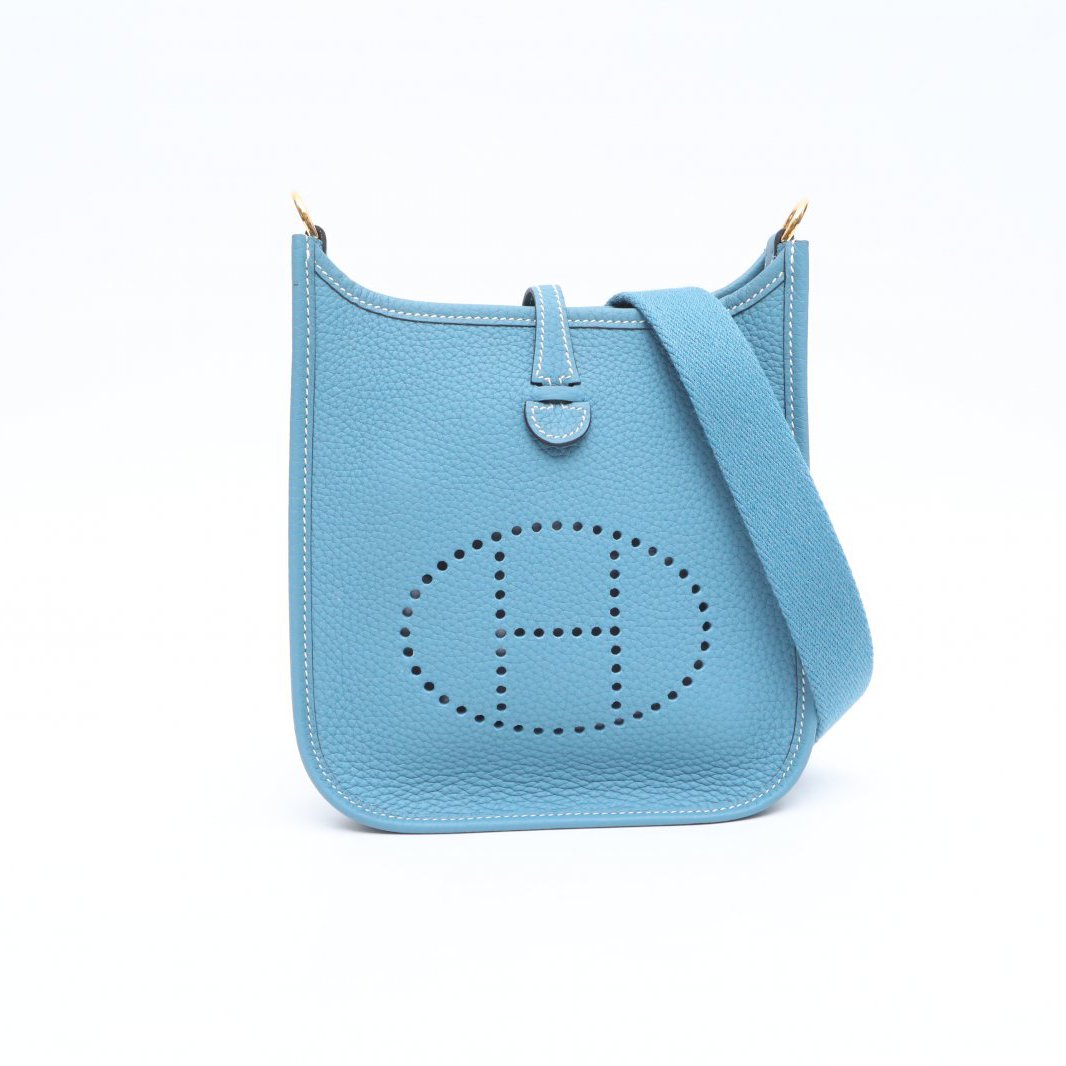 99新 Hermes/爱马仕 小花6花Evelyne Mini新牛仔蓝TC皮B刻金扣包