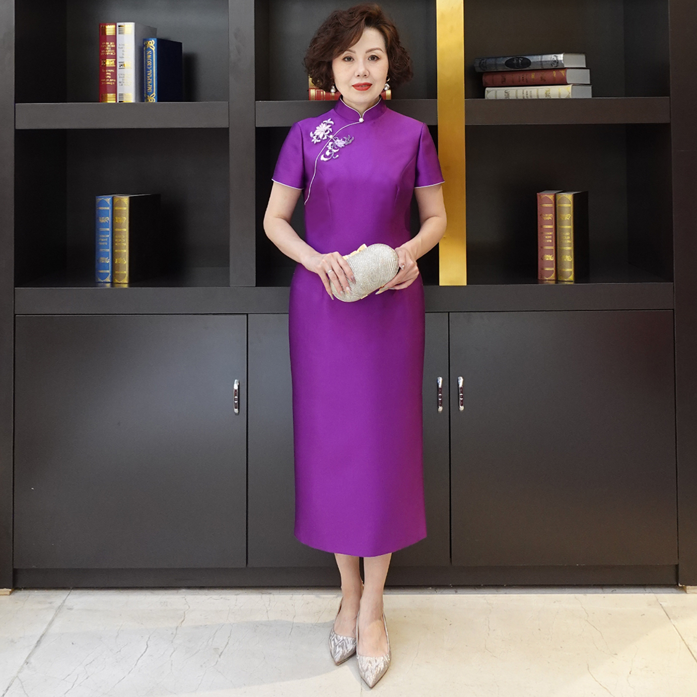 YINGDAK/应大紫色立领新中式旗袍喜婆婆喜妈妈场合装