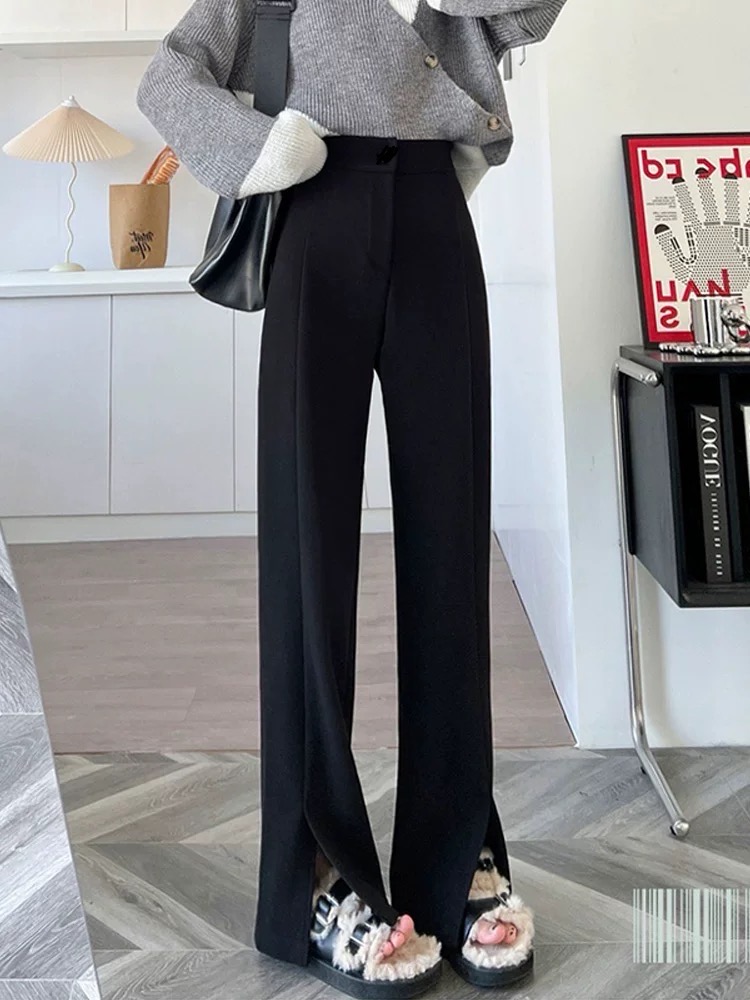 百搭必备加绒裤子窄版直筒裤冬天开叉微喇弹力裤