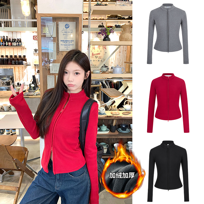 Moses Queen/魔西女王秋冬红色双拉链加绒针织衫加绒保暖百搭上衣